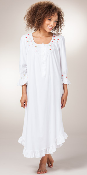 Cotton Nightgown - White La Cera Smocked Knit Long Gown - Red Rosettes