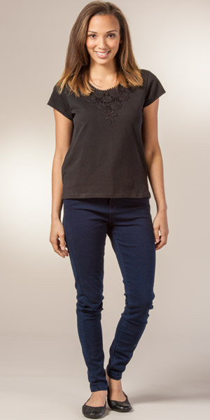 Short Sleeve Shirts - Cotton Knit Scoop Neck Top by Phool in Raven
