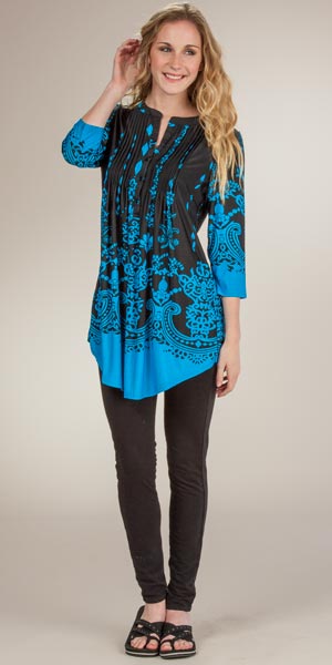La Cera (Size Small) Pleated 3/4 Sleeve Poly Blend Tunic Top - Ethereal Turquoise