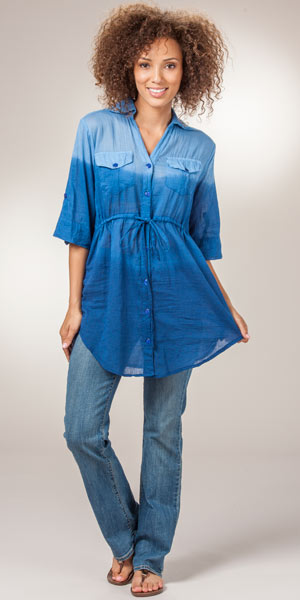 SB Easy Fit Cotton Top - Roll Sleeve Oversized Tunic - Blue Ombre