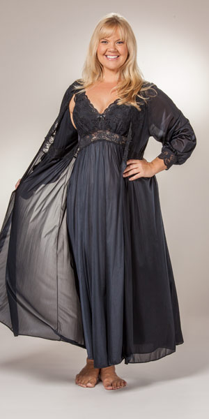 Plus Shadowline Silhouette Gown/Robe Peignoir Set - Black