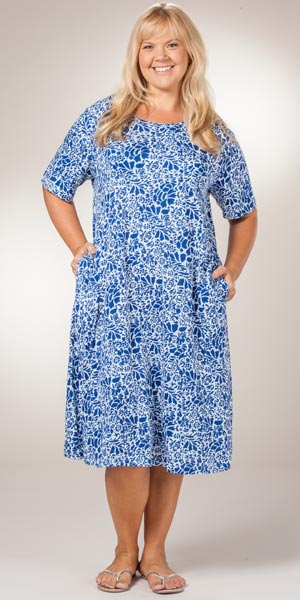 Last Ones Special - Plus La Cera (Size 2X) &quot;Easy Fit&quot; Knit A-Line Dress - Blue Floral on White