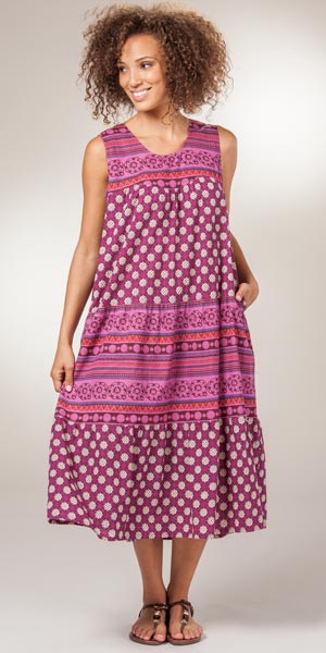 Cotton Dresses by La Cera - Sleeveless Mid Length Dress in Mesa Plum