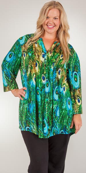 Plus La Cera Tunics - Pleated 3/4 Sleeve Poly Blend Blouse - Peacock Pretty