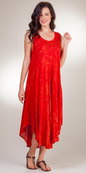 Cotton Beach Dresses - One Size Sleeveless Dress in Fire Batik