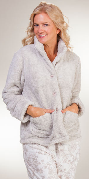 La Cera Bed Jacket - Mandarin Collar &quot;Deluxe Snuggle Fleece&quot; in Taupe