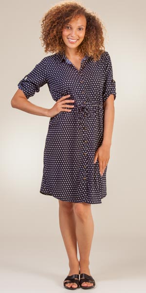 Claudia Richards (Size S &amp; M) Gathered Shirt Dress Roll Sleeve in Navy Dots