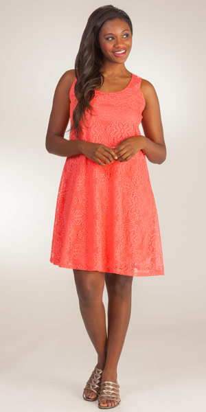 Ellen Parker (Size S) Sleeveless A-line Lace Dress in Coral