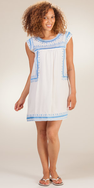 Sleeveless Coverup - Short Embroidered Rayon Beach Dress - Roma White