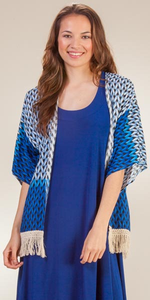 Short Sleeve 100% Rayon One Size Fringe Kimono Jackets - Braided Blue