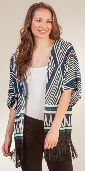 TOPS BOGO SALE One Size Short Sleeve 100% Rayon Fringe Kimono Jacket in Contempo