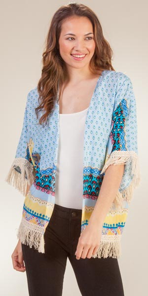 Kimono Jackets - One Size Short Sleeve 100% Rayon Fringe in Mojave