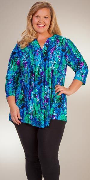 Plus La Cera  (Size 3X) Tunic Tops - 3/4 Sleeve Poly Blend Pleated Top - Wishing Well