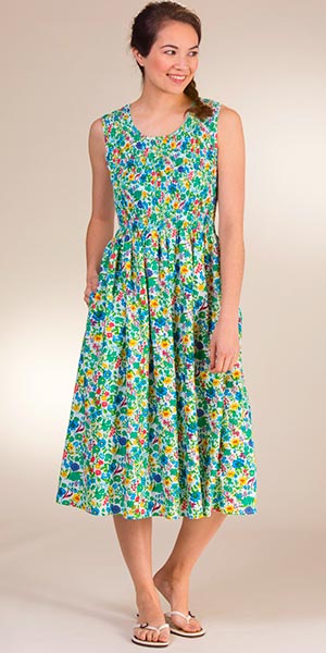 Long Sundresses - Smocked Sleeveless Cotton Dress in Morning Meadow