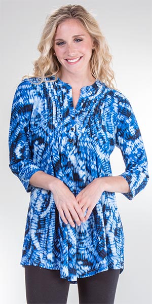 La Cera XL Pleated Tops - 3/4 Sleeve Poly Blend Tunic Top in Blue Ripple