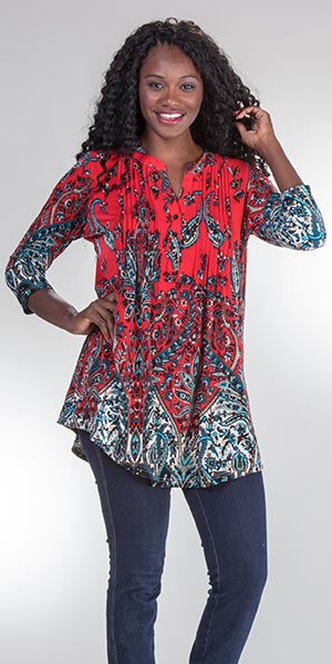 La Cera Poly Blend 3/4 Sleeve Pleated Tunic Top in Paisley Parliament