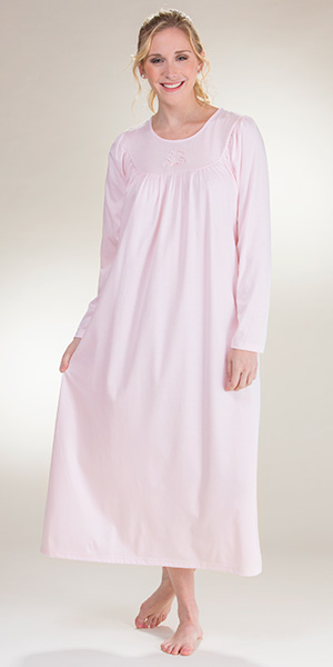 Nightgown - Cotton Knit Long Sleeve Nightgown in Pink