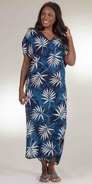 Bali Batiks Small V-Neck Long Beach Cover-Up/Dress in Mysterious Palms
