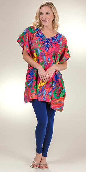 Plus Kaftan Tops - Sante One Size Polyester Short Caftan in Tropical Party