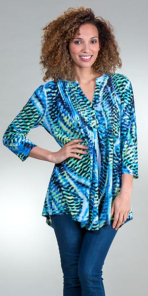 Pleated La Cera Tops - Poly Blend 3/4 Sleeve Tunic in Sky Road