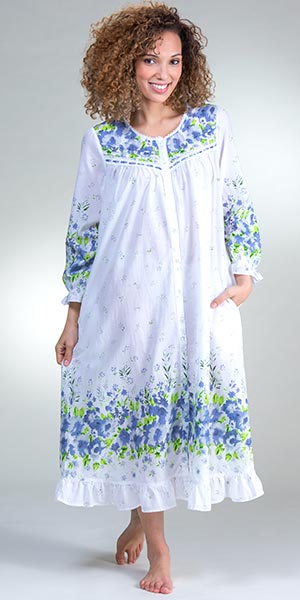 Plus Long Cotton Robe - La Cera Button Front Nightgown in Wildflower Bleu