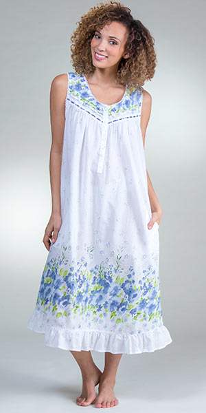 La Cera Nightgown - Sleeveless Long Cotton Lawn Gown - Wildflower Bleu
