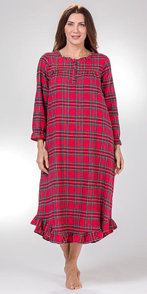 La Cera Cotton Flannel Nightgown - Long Sleeve in Red Plaid