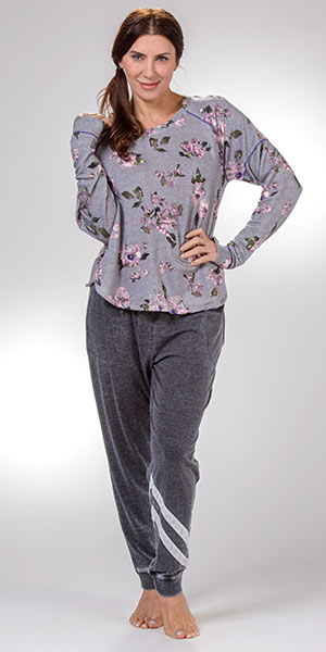 Kensie Loungewear - Rayon/Poly Long Sleeve Floral Top and Cotton Blend Gray Pants