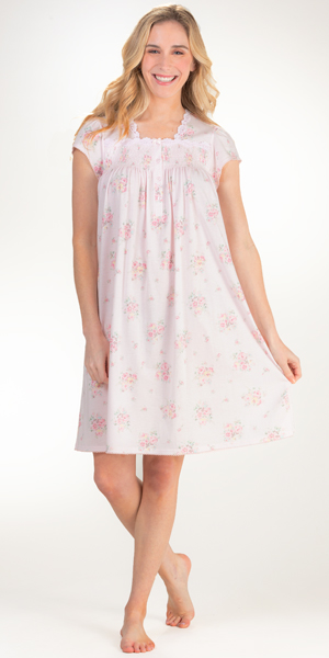 Plus Silkyknit Nightgowns - Miss Elaine Flutter Sleeve Short Nightgown in Peach Bouquet