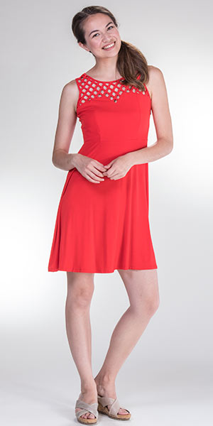 Sleeveless Dresses - Neesha Criss Cross Rayon Blend Dress in Red