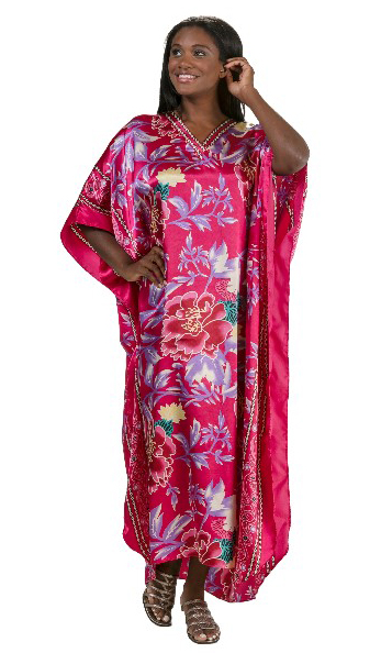 One Size Kaftans - Winlar Polyester Charmeuse Long Caftan Dress in Fuchsia Tropical Jackie