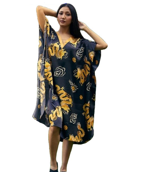 Short Satin Black Caftan by Winlar - Women&#39;s Printed 42&quot; Kaftan