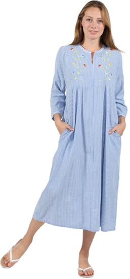 Plus Size Long 100% Cotton Seersucker Zip Front Robe Embroidered in Blue or Red Stripe