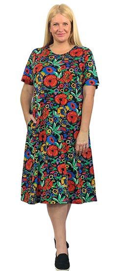 La Cera Dress with Pockets -  Cotton Knit Short Sleeve in Poppies