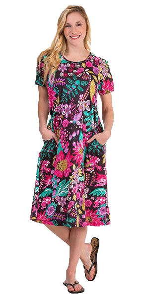 100% Cotton Dress with Pockets -  Knit Short Sleeve by La Cera in Fruity Floral