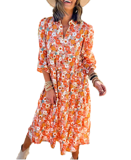 Long Sleeve Flowing Mid-Length Boho Dress in Stunning Floral on White