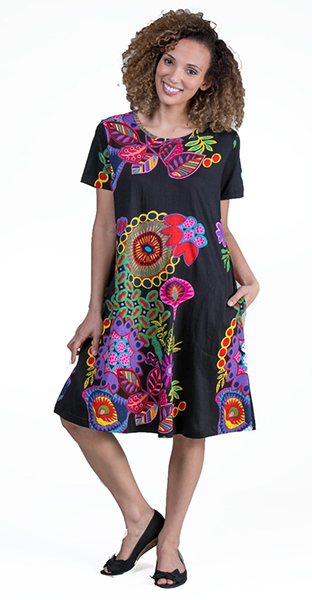  La Cera Dresses - Short Sleeve Cotton Knit A-Line Dress in Night Glow