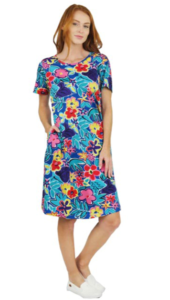 Dresses with pockets by La Cera - Knee Length Cotton Knit  A-Line In Royal Floral Motif