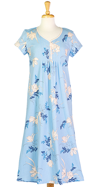 Miss Elaine Short Sleeve 100% Cotton Knit Long Nightgown - Misty Blue Floral