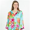 N Natori (Size S) Long Matte Satin Zip Caftan - Aqua Blue Bouquet