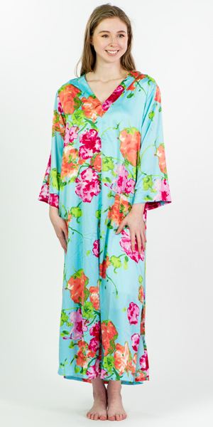 N Natori (Size S) Long Matte Satin Zip Caftan - Aqua Blue Bouquet