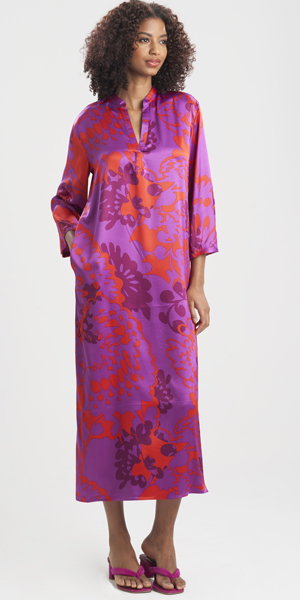 N Natori (Size S) Long Mandarin Matte Satin Caftan - Brilliant Soleil