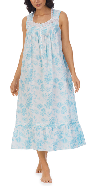 Eileen West (Size M) Sleeveless Woven Cotton Ballet Nightgown in Aqua Floral