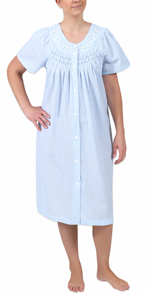 Miss Elaine (Size S) Seersucker Snap Front Short Robe In Blue White Check