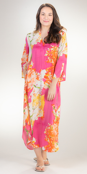 SC SALE Natori (Size S) Long Satin Charmeuse Caftan - Painted Bouquet