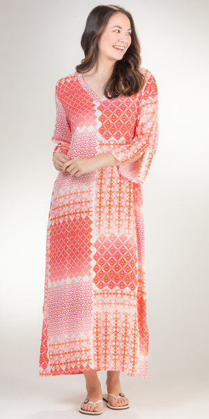 Special - Natori (Size L) Long Polyester Caftan - Coral Granada Print