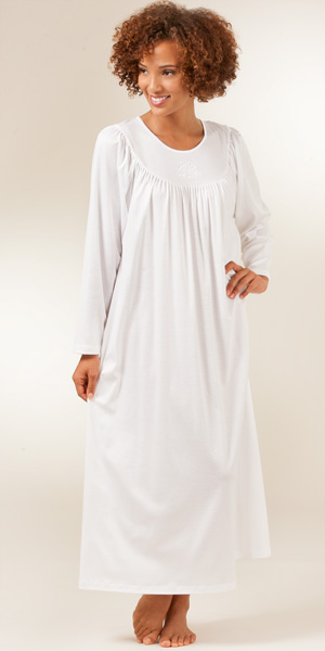 Calida Nightgowns - Cotton Knit Long Sleeve Calida Nightgown in White