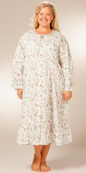 Plus Size (1X-4X) La Cera Cotton Robe/Button-Front Nightgown - Rose Vines