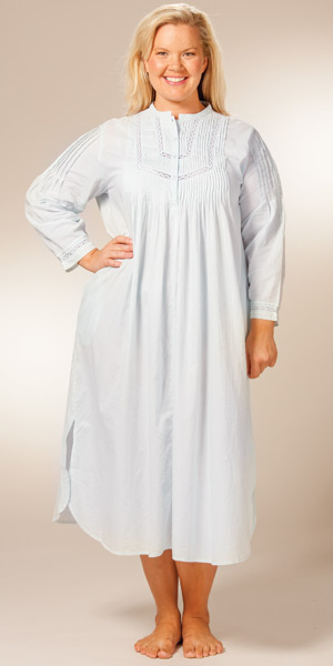 *Use Coupon Code 12-OFF* Plus (1X) La Cera Cotton Nightgown - Long Sleeve Pintucking Delight - Blue