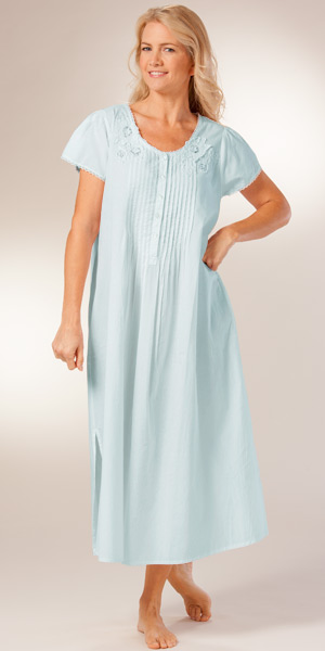La Cera (Size Small) Cotton Nightgown - Short Sleeve Lace-Trim Gown in Blue